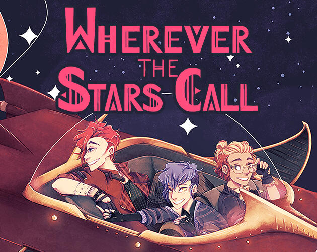 Cropped cover for Wherever the Stars Call by S. Jean. The cover features three people on a red space cruiser. The characters inside are two teenagers and a vampire. The teen driving has short hair (half of it blonde in buns, the other half in a bob and red