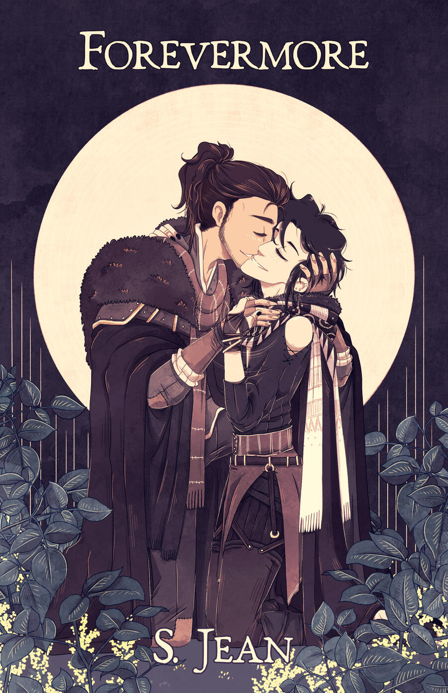 Image of Forevermore's cover. Features two men embraced in the center, both in cloaks and scarves, with a yellow moon behind them against a purple sky. In the foreground are plants as though they are kneeling in a grove.