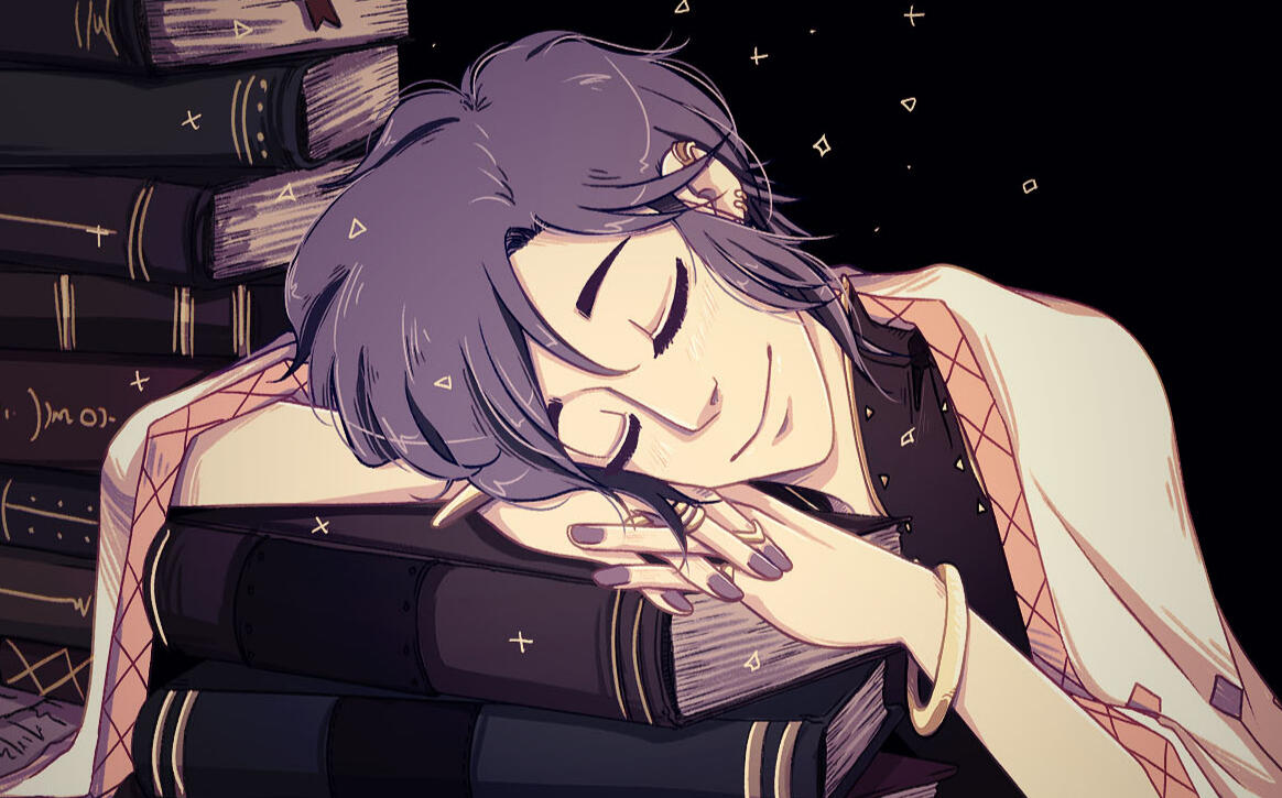 An illustration of a person with blue hair sleeping on a pile of books.