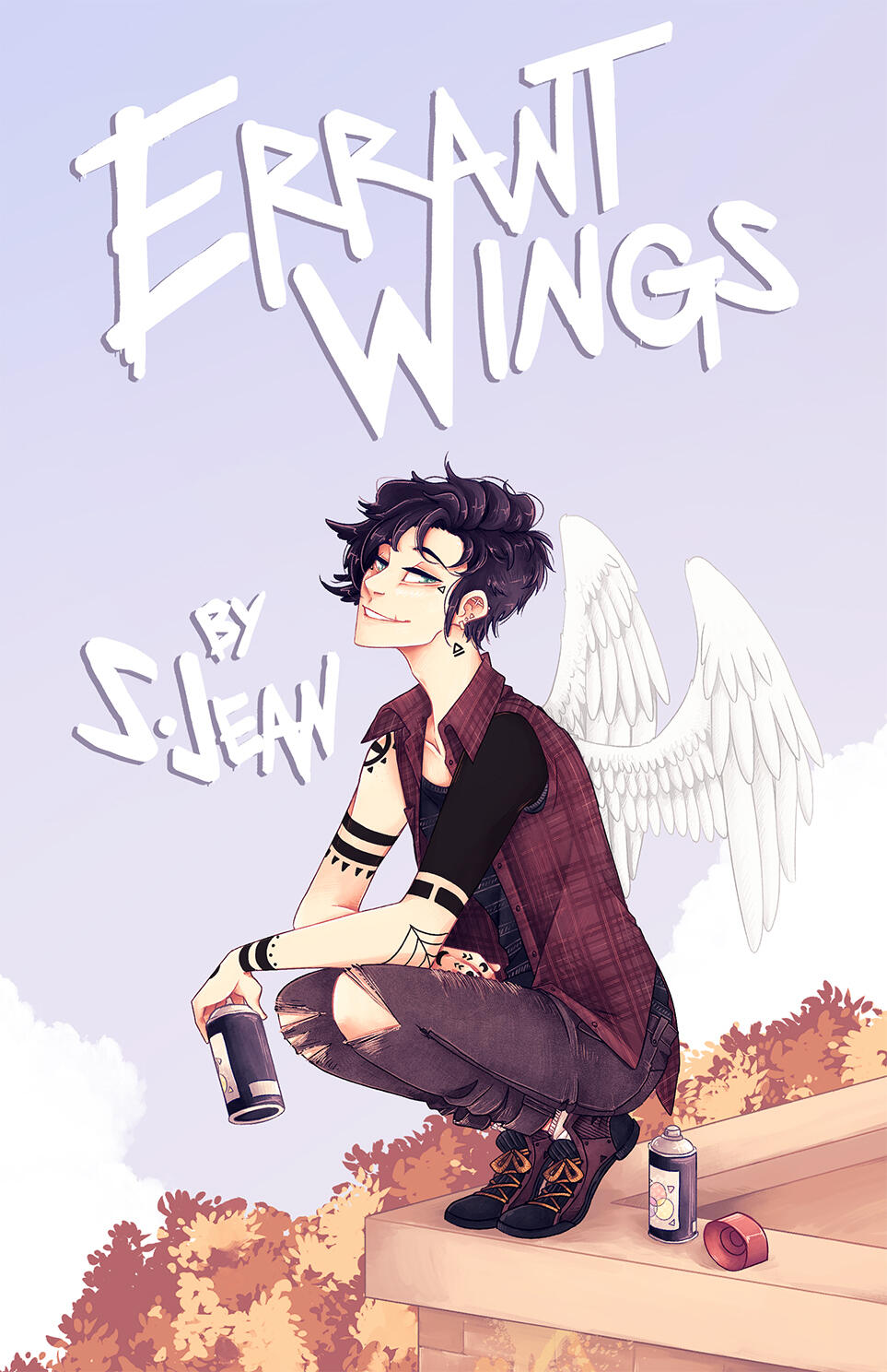 Illustrated cover for Errant Wings by S. Jean. It features Asher on the cover as he kneels on the corner of a building, his white wings behind him, and spray can in hand.
